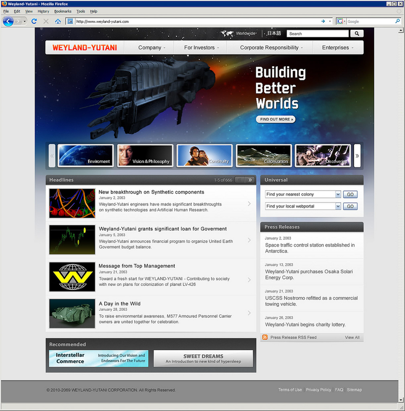 Illustration for article titled Websites for scifi's most famous evil corporations, based on real-life corporate websites